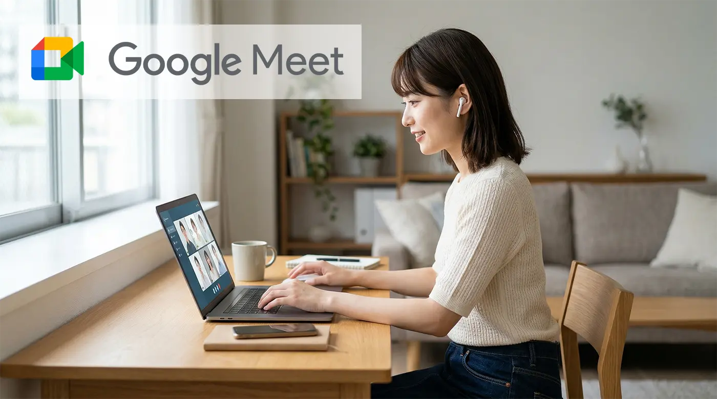 明るいリビングのデスクで、ノートパソコンを使ってGoogle Meetのオンライン会議を主催する日本人女性。1人で作業している様子。