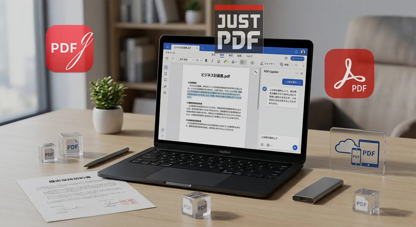 無料PDF編集ソフトPDFgearの操作画面イメージと、ビジネス書類やPDFアイコンが並ぶデスクの風景