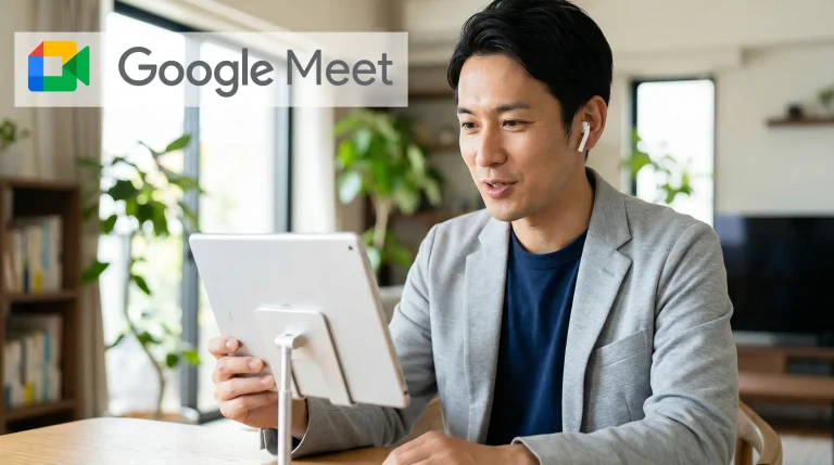 タブレット(スマホ)からGoogle Meetへ。送られてきたURLをタップして、名前を入力するだけで、誰でも手軽にミーティングに参加できます