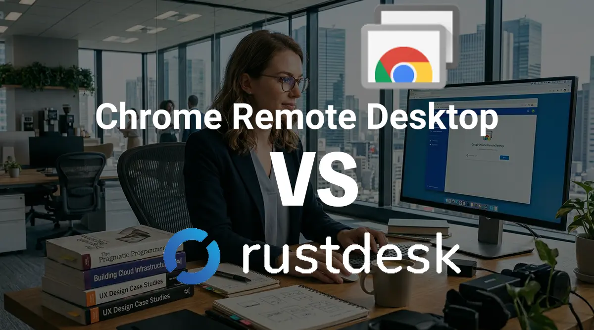 オフィスのデスクでPCに向かう女性の画像。上部に「Chrome Remote Desktop」、下部に「rustdesk」の文字があり、中央に「VS」と書かれています。右上にはChromeリモートデスクトップのアイコン、左下にはRustDeskのロゴが配置されています。