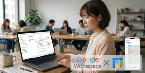 カフェでパソコンで予定を入力する女性